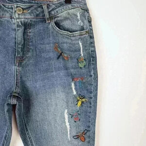 Bug Embroidered For The Republic Distressed Mid Rise Stretch Jeans Size 10/29